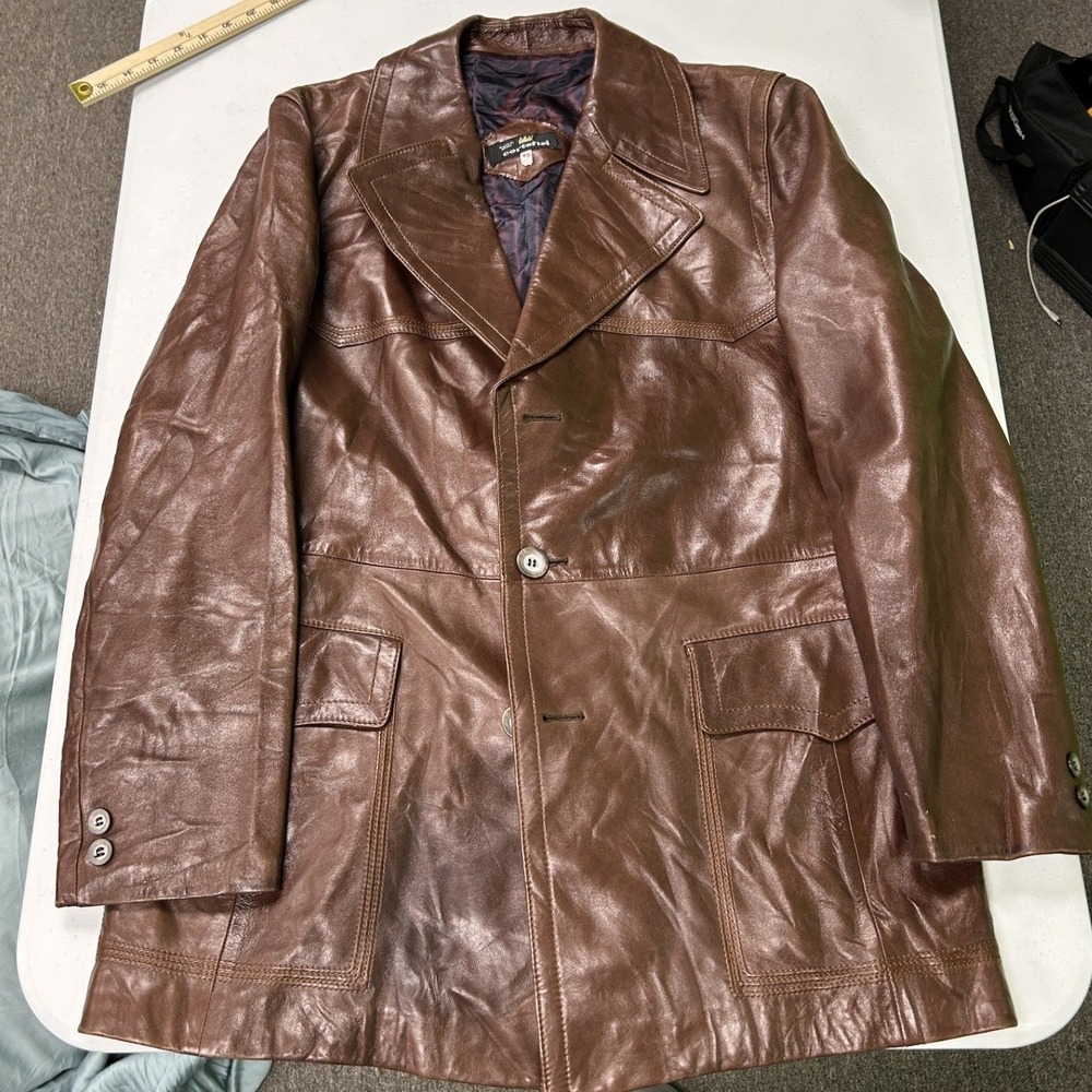 Cortefiel Leather Jacket Mens 46 Brown Vintage Blazer Made in Spain G2